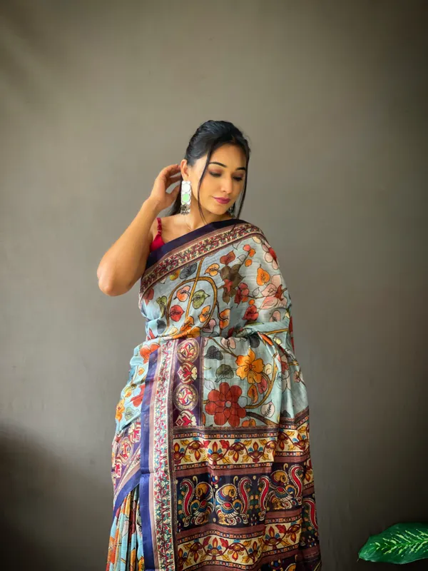 Blue_Soft_Cotton_Kalamkari_Print_Saree_With_Blouse_Piece_Attached